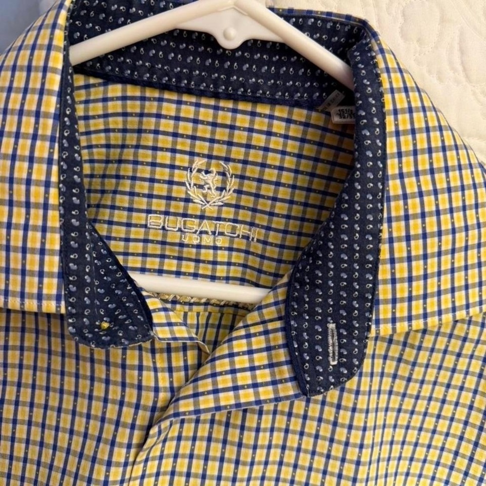 Bugatchi men's Yellow & blue plaid long sleeve dress shirt‎ size 15.5, 32/33